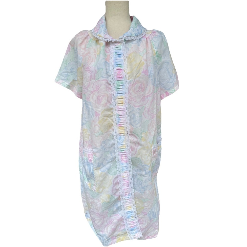 Vtg House Coat Robe Patio Mumu Dress Floral Button Collar 70s Pockets Twee Large